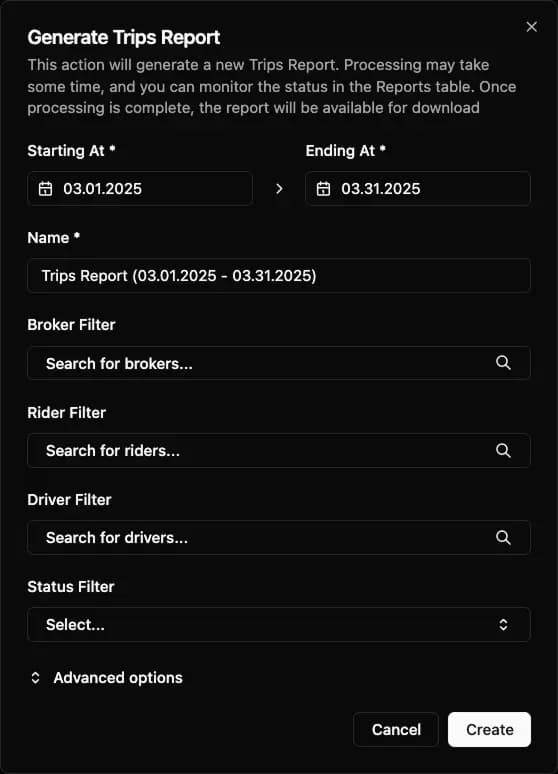 Example of trips reporting with filters